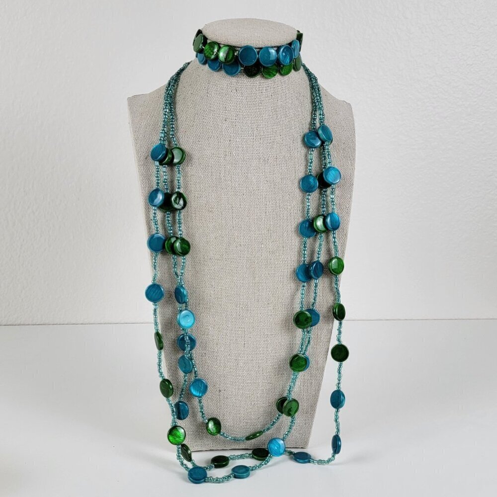 Erica Lyons Blue And Green Mother Of Pearl Necklace And 2 Stretch Bracelets Set